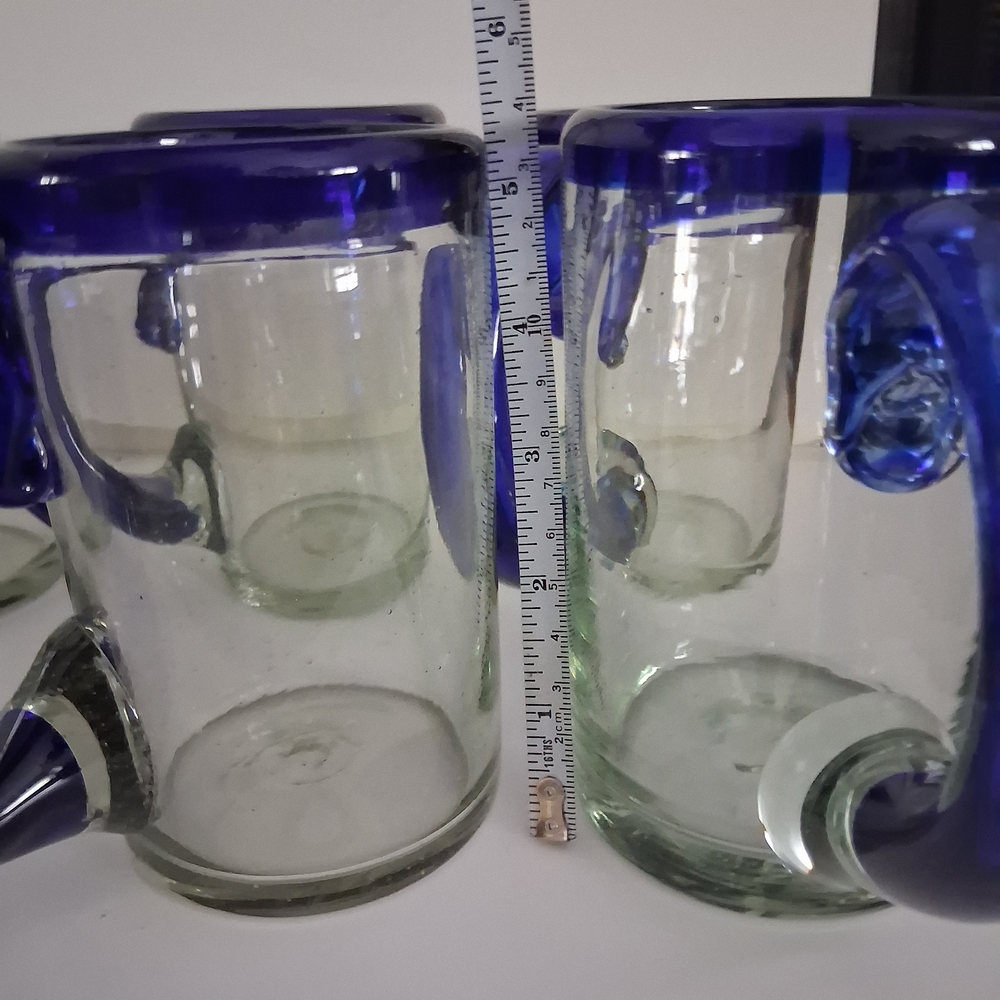 Mexican Hand Blown Blue Rimmed Glass Mugs Set Of 6 - Picture 6 of 8